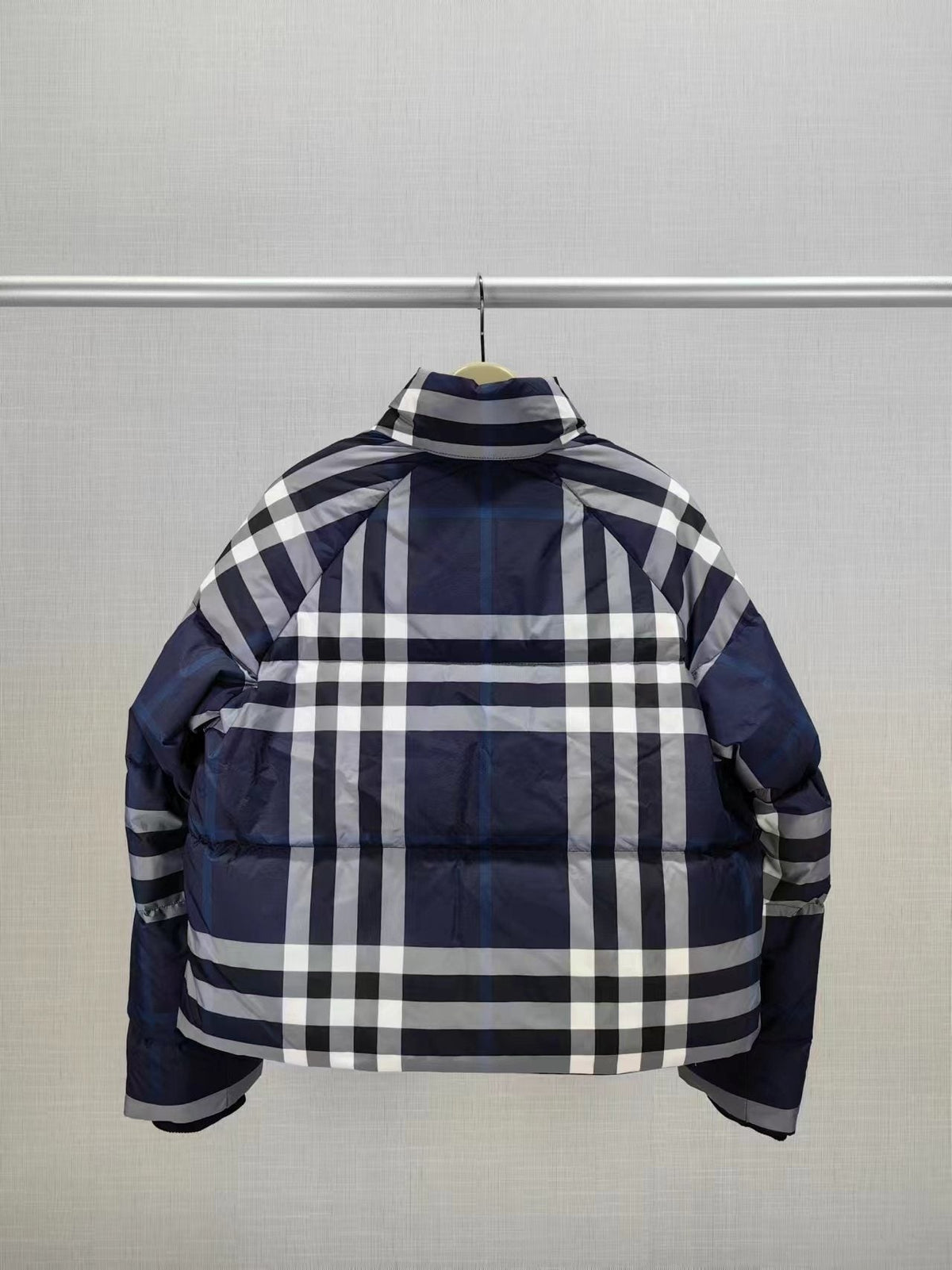 Burberry Beige and Navy Check Short Puffer Jacket — back