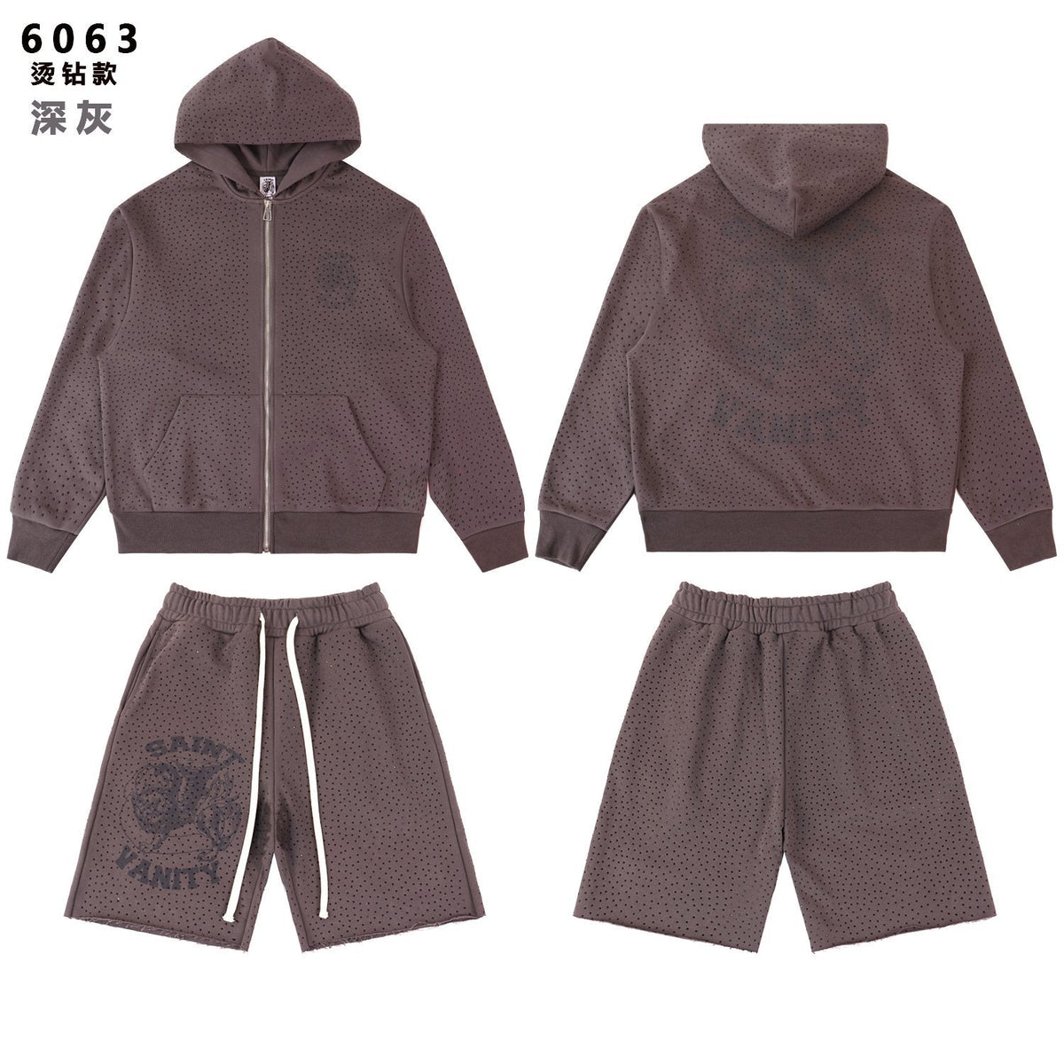 SAINT Vanity Rhinestone Zip Hoodie & Shorts Set — front