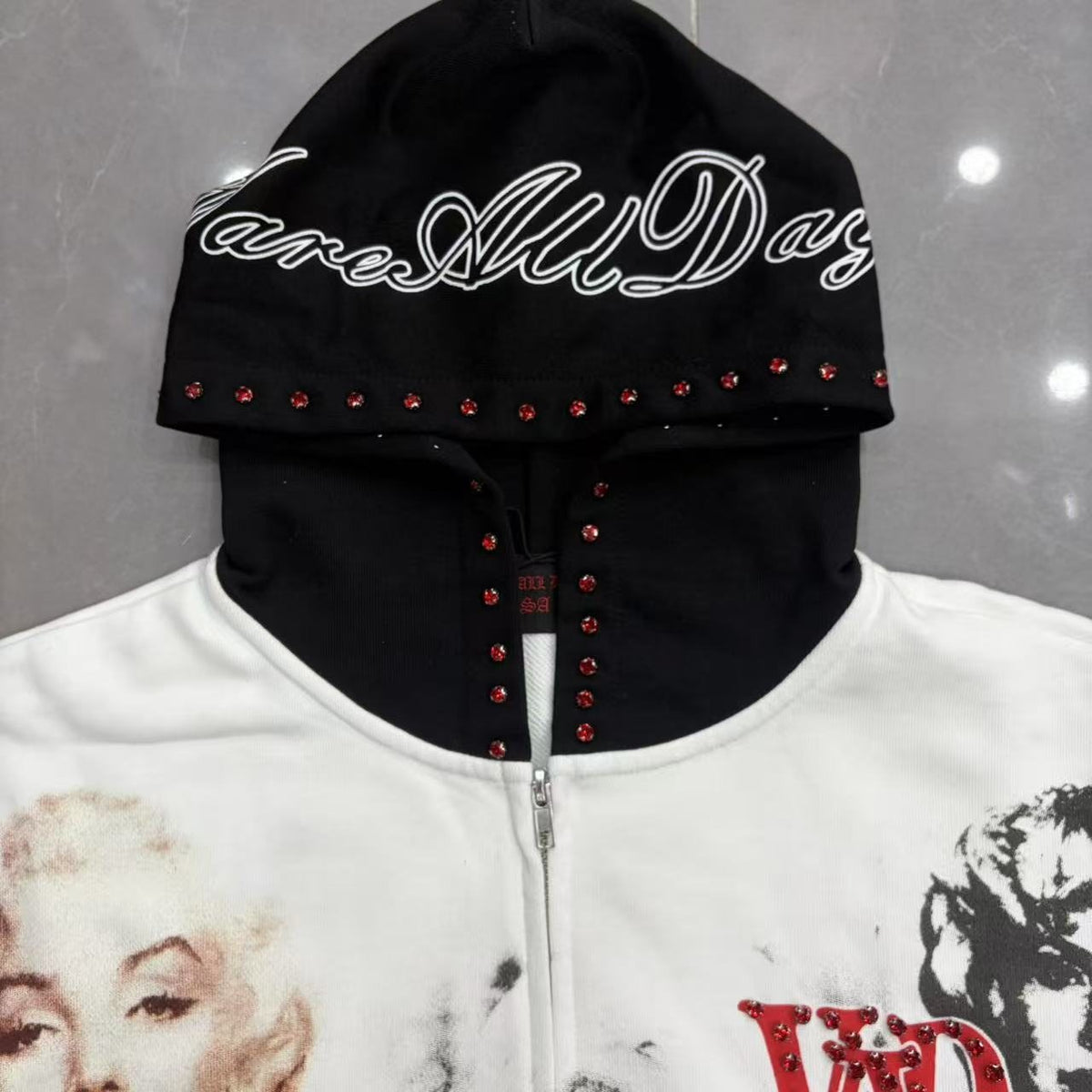 VARE ALL DAY Colorblock Rhinestone Zip Hoodie — detail